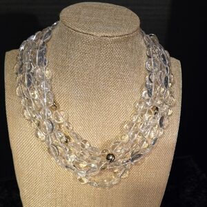 Vintage 5- Strand Clear Lucite And Gold Color  Beads Necklace. Perfect!